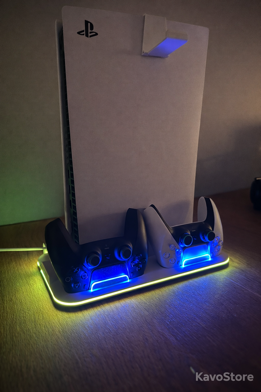 Game Station RGB do PS5 – chłodzenie + ładowanie padów + stojak na słuchawki